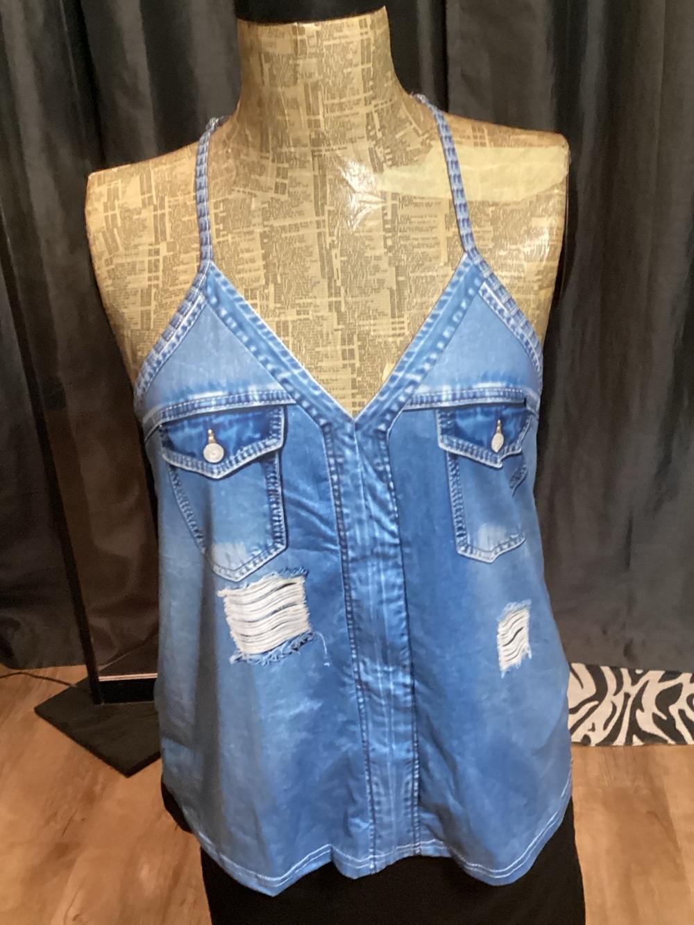 Blue Denim-Effect Distressed Halter Tank Top - size L - Never Worn